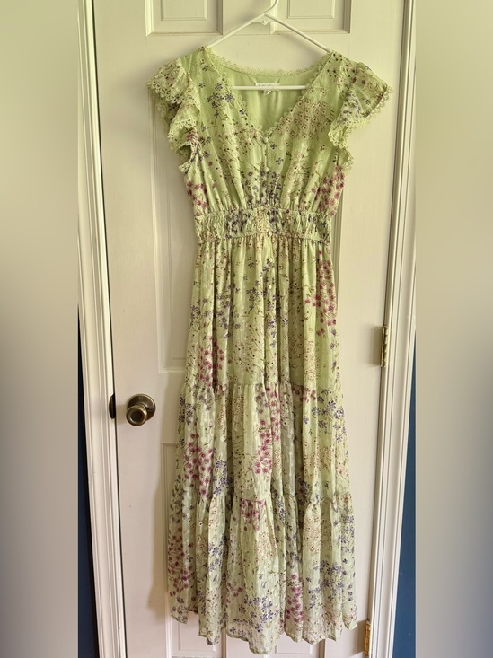 By The River Dresses & Skirts - Light Green Floral Tiered Maxi Dress with Smocked Waist